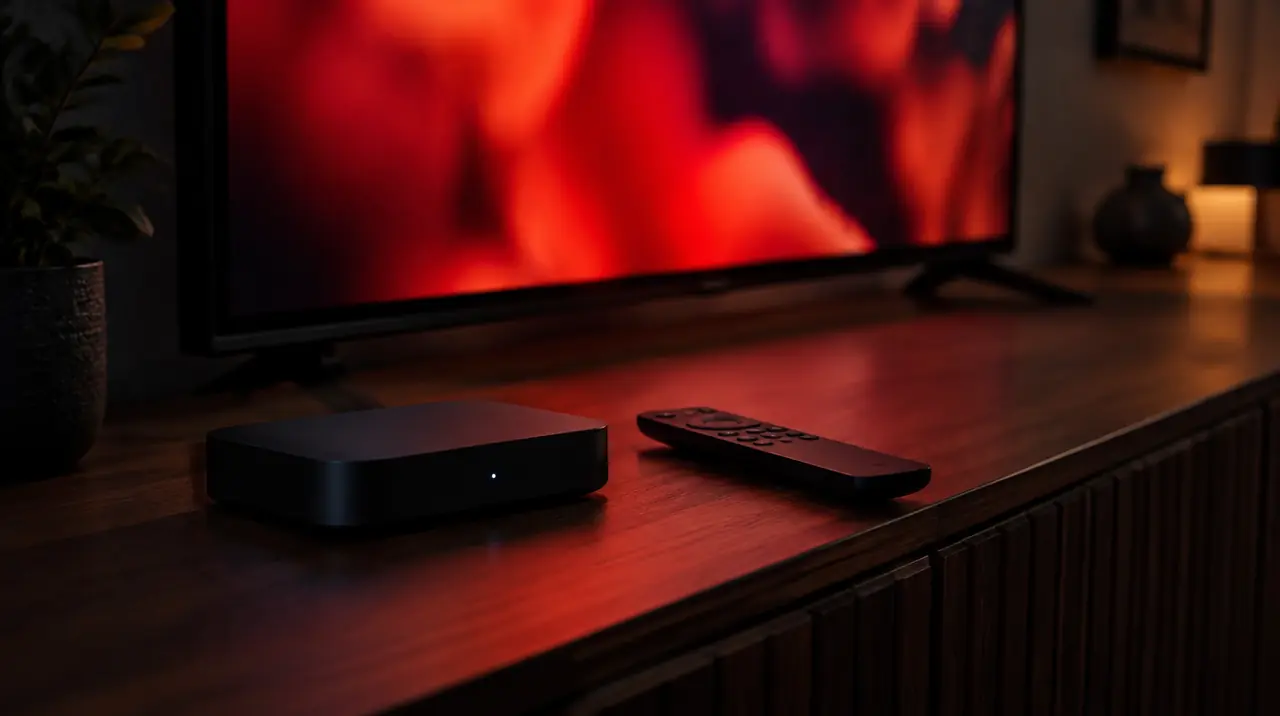 Compact streaming box and remote on a wooden TV console
