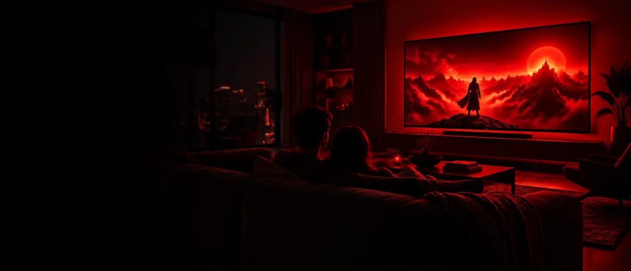A couple watching a desert landscape on a large TV in a red-lit room