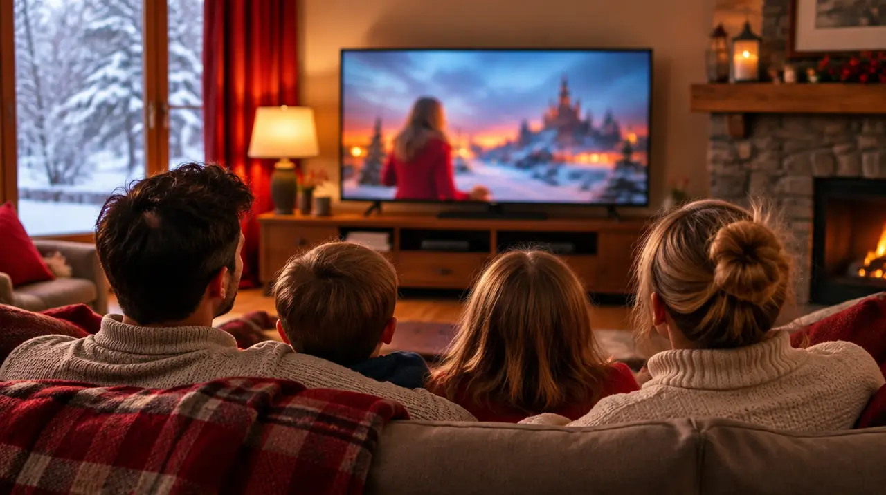 Family on a sofa watching a smart TV in a living room with snow outside