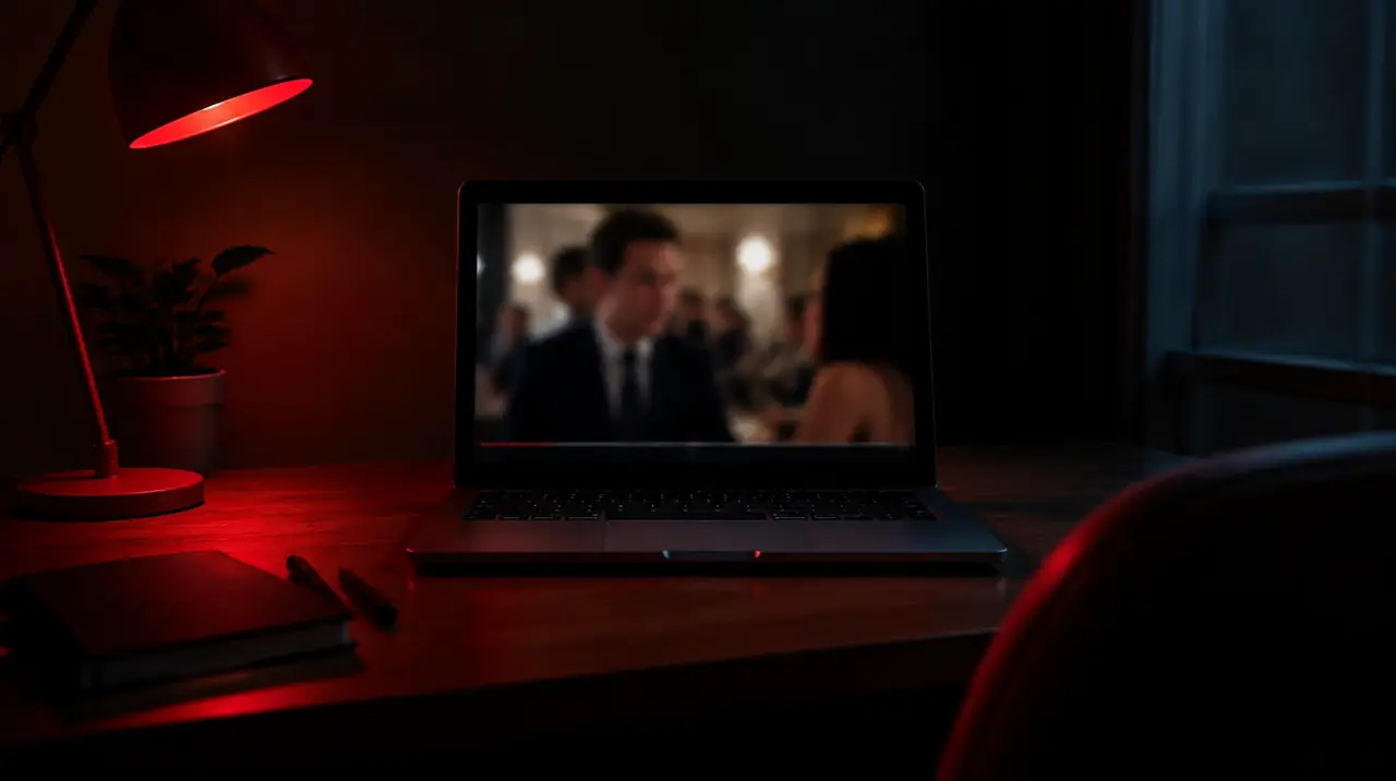 Laptop on a desk in a dim room with a red desk lamp