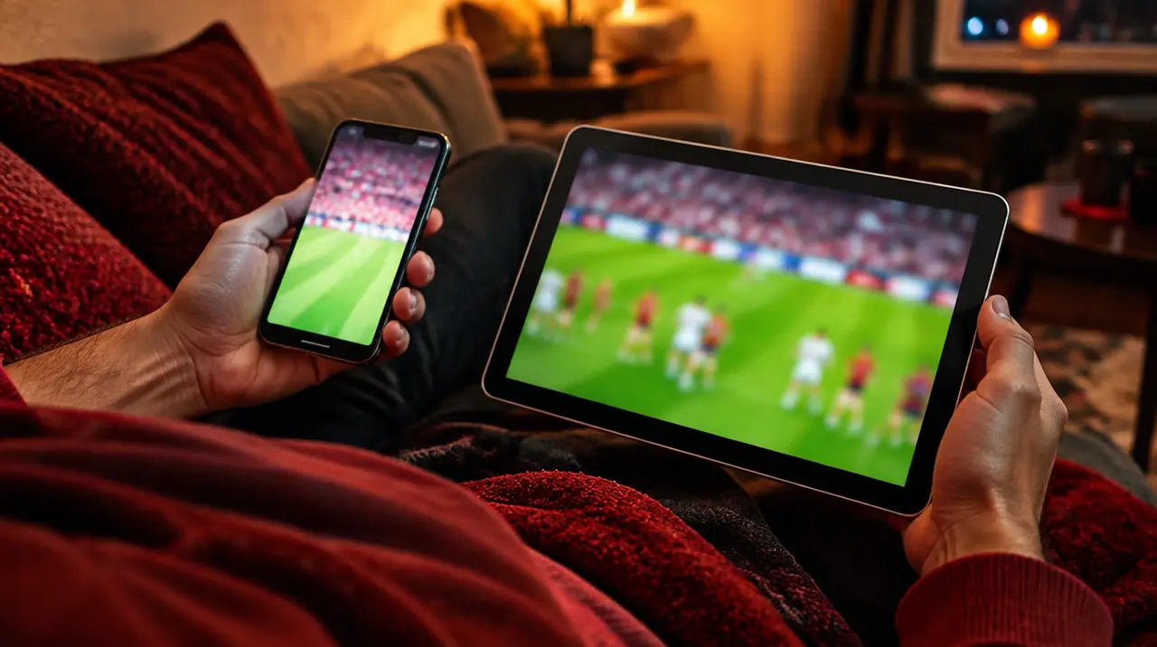 Person watching a live match on a phone and a tablet on a sofa