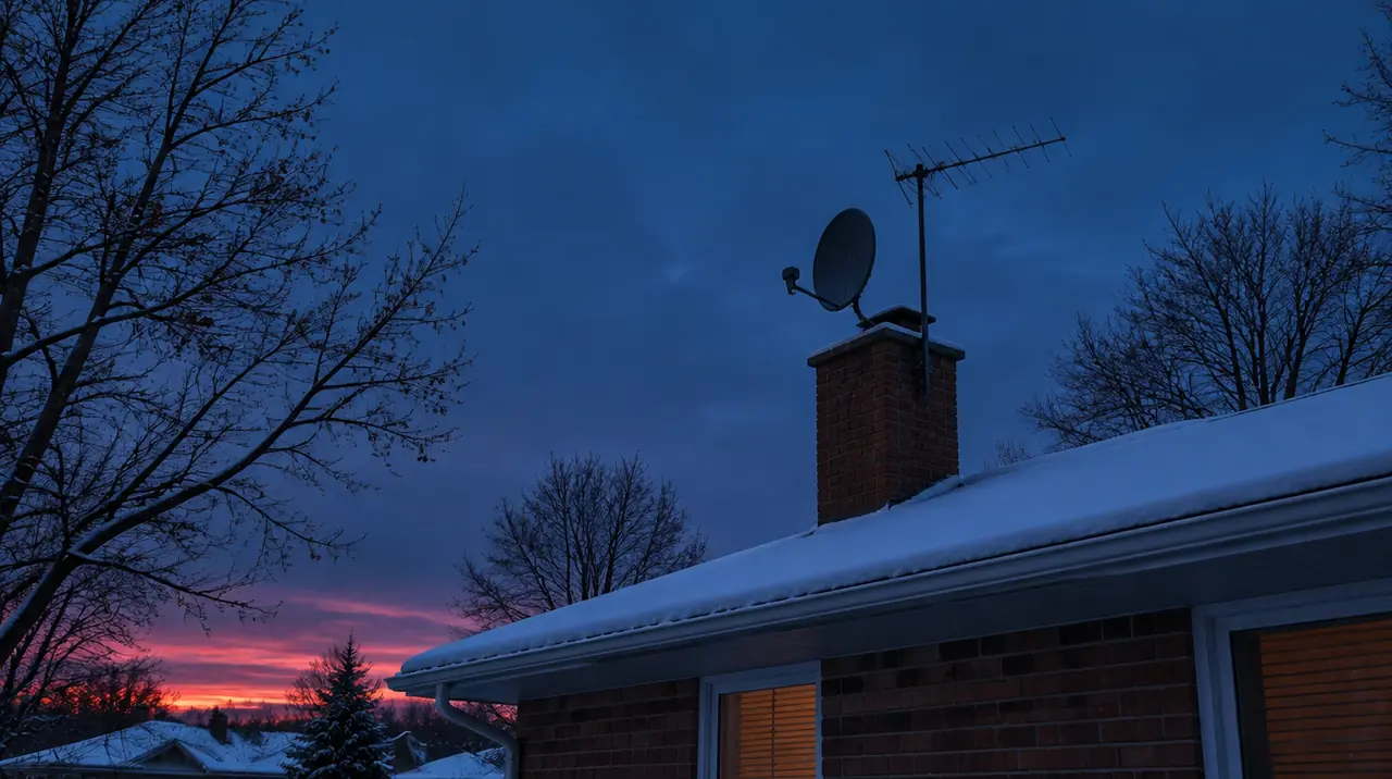 Satellite dish and TV antenna on a snowy Canadian rooftop, two alternatives to cable