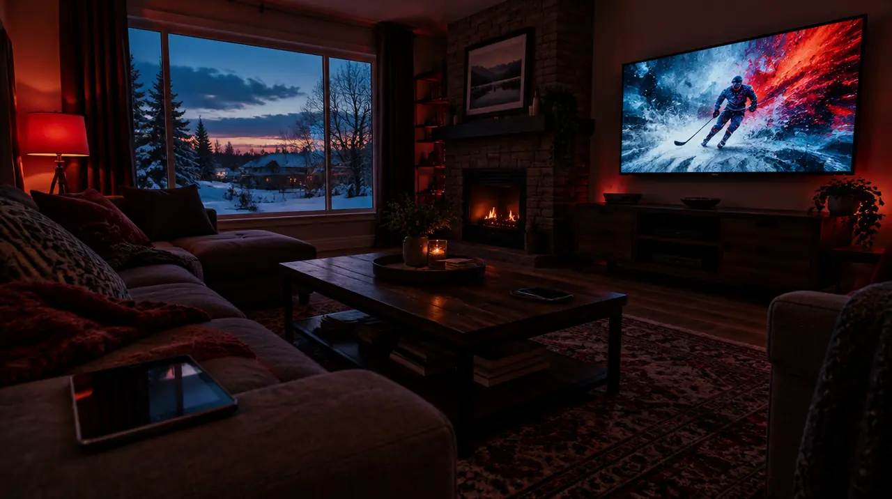 Family living room in a Canadian home at dusk with a TV, tablet and phone ready for an evening of streaming
