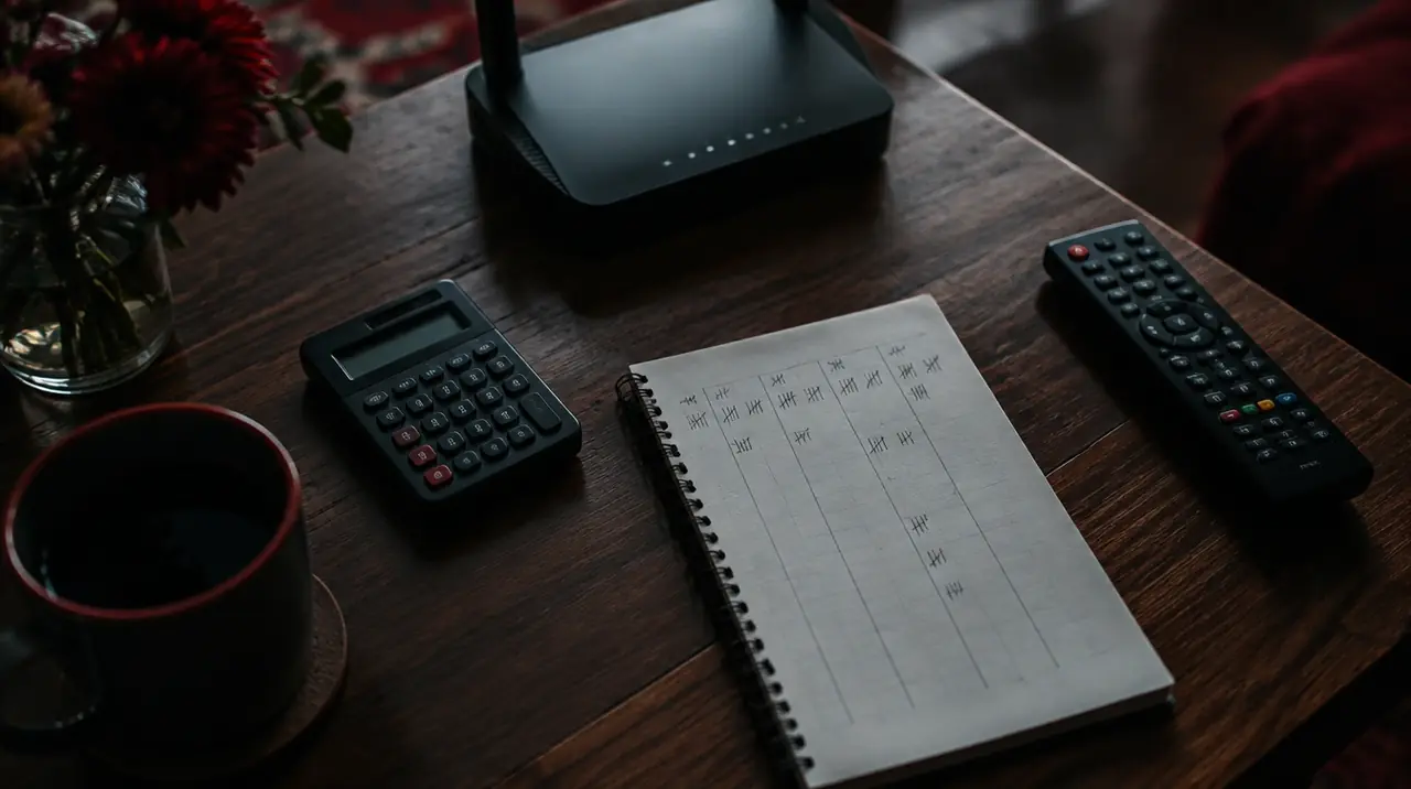 Notepad, calculator, router and remote on a table while a family works out how many IPTV screens to buy