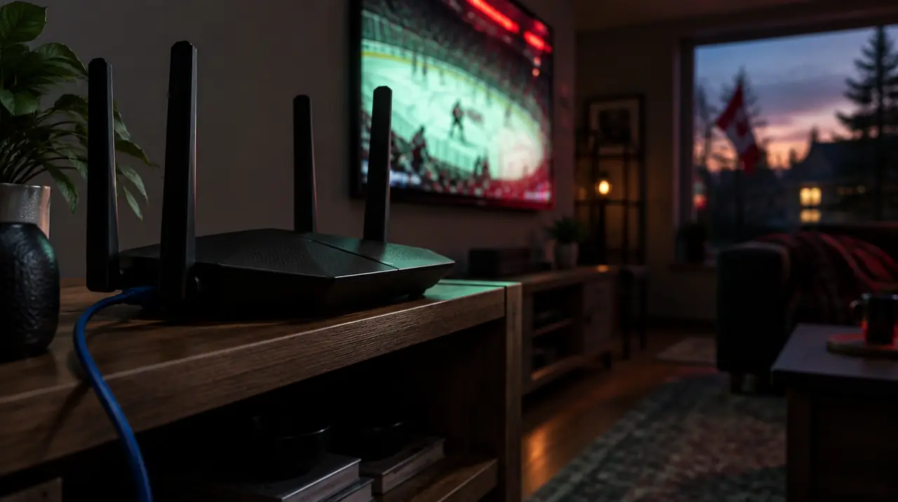 Wi-Fi router on a living-room shelf with a TV glowing in the background