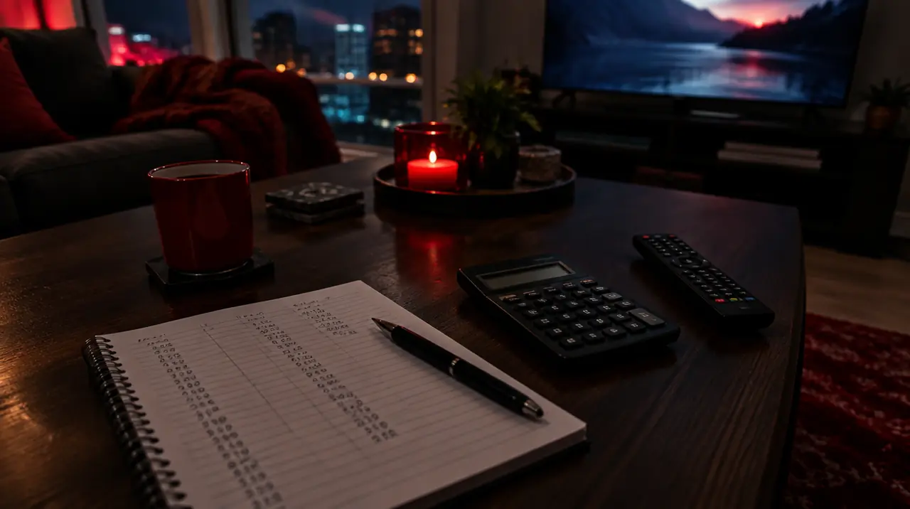Notebook and calculator on a coffee table while comparing cable and IPTV costs