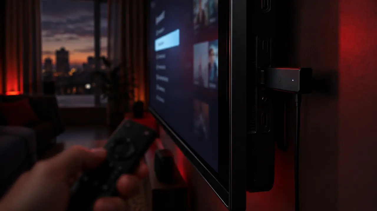 Streaming stick plugged into the back of a TV while the remote is pointed at the settings menu
