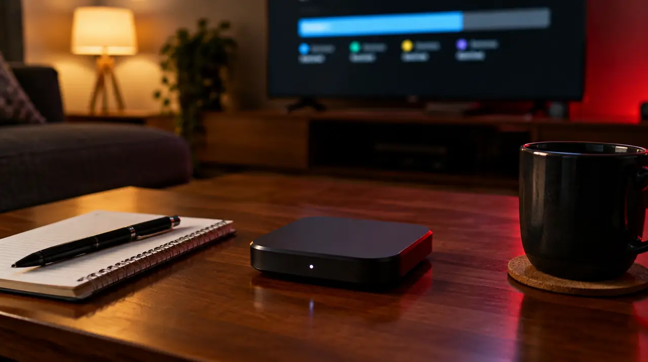 Android TV box on a table next to notes about storage and cache