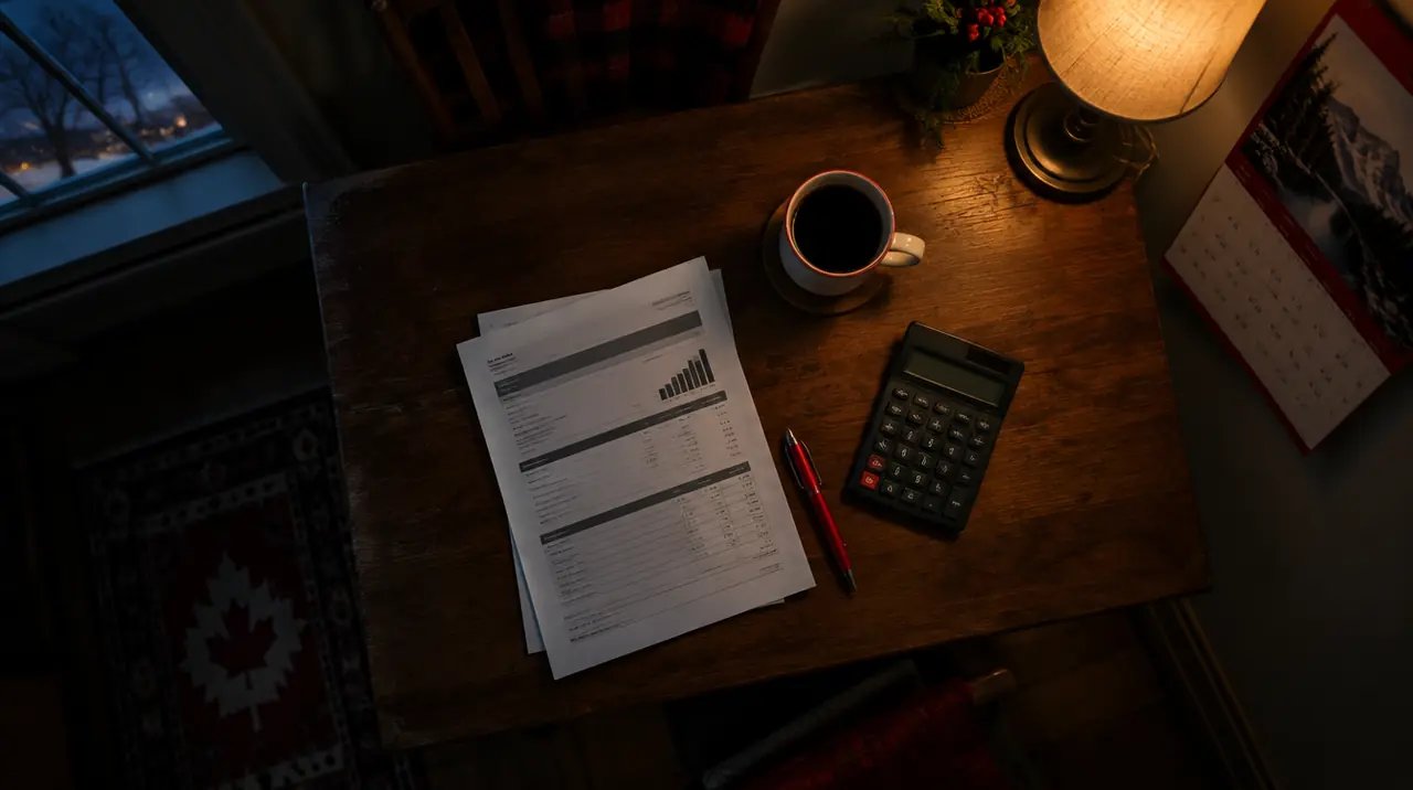 Kitchen table with a cable bill, pen and calculator ready for a cord-cutting plan