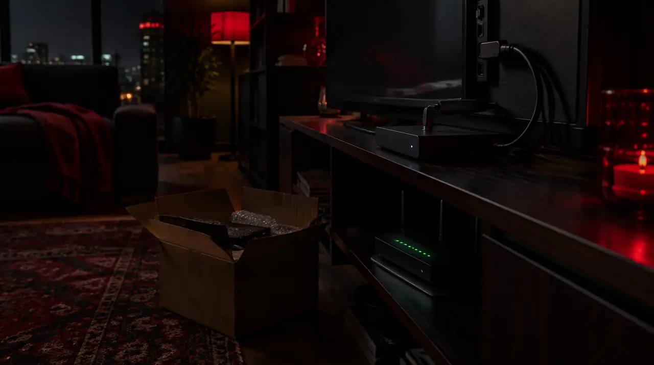 Cable box packed for return beside a TV running on a streaming device