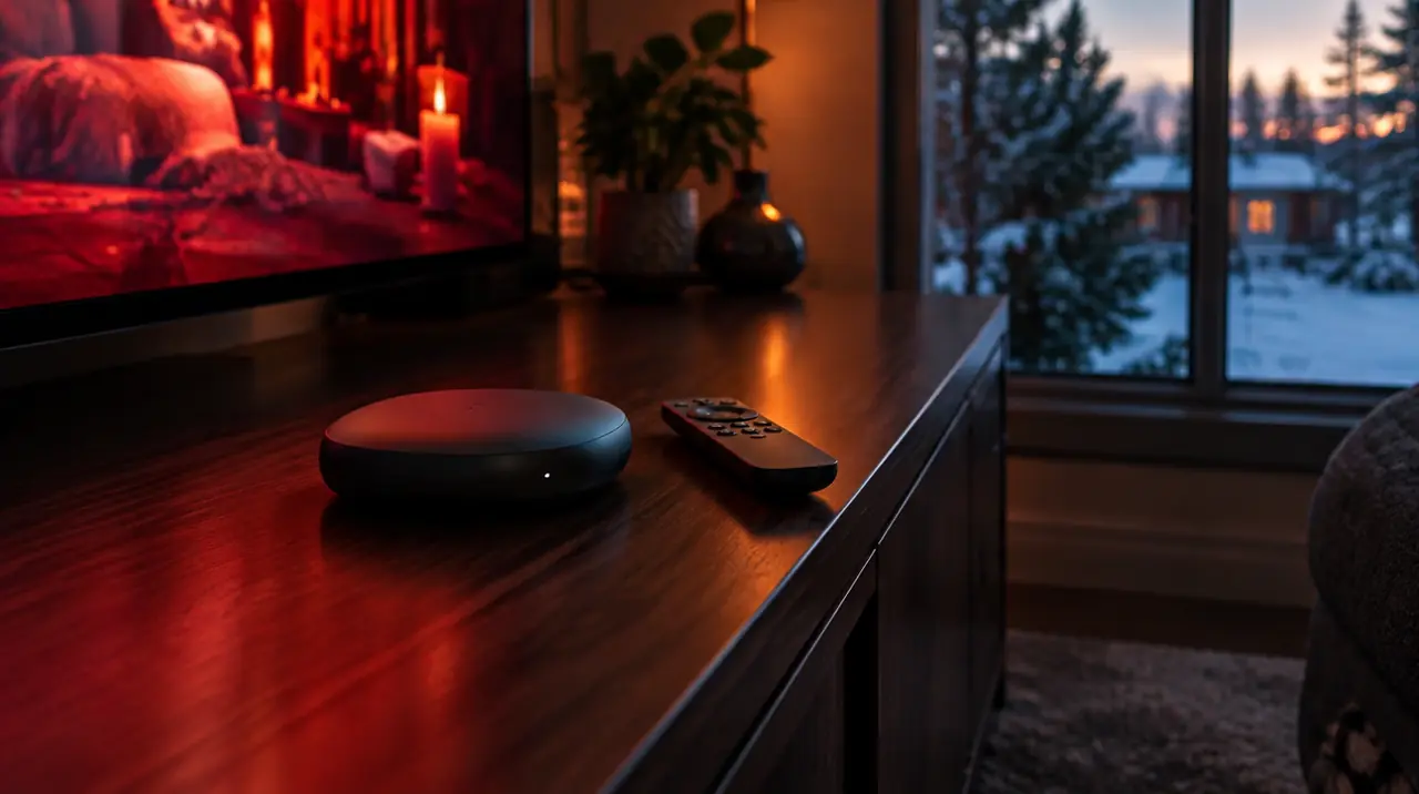 Streaming box and voice remote on a TV console in a snowy-evening Canadian living room
