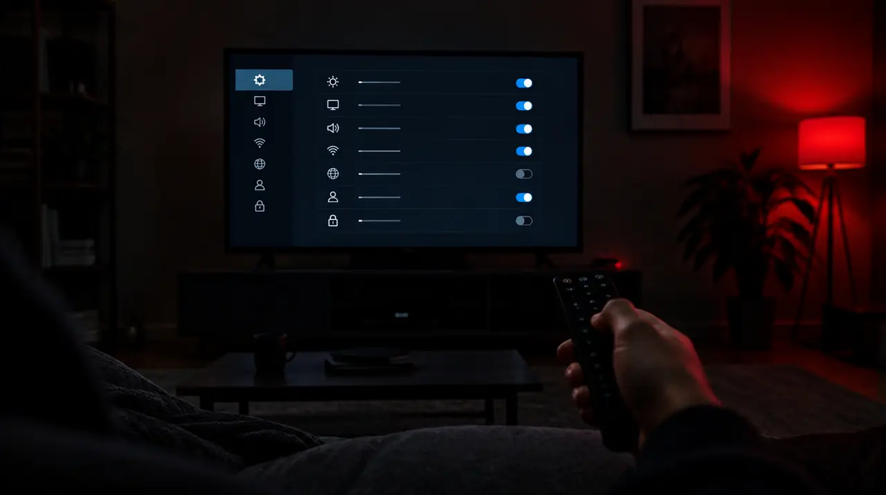 Remote pointed at a TV settings menu while adjusting network and time options