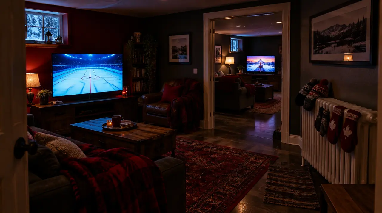 Two TVs in different rooms of a Canadian family home illustrating multiple IPTV connections