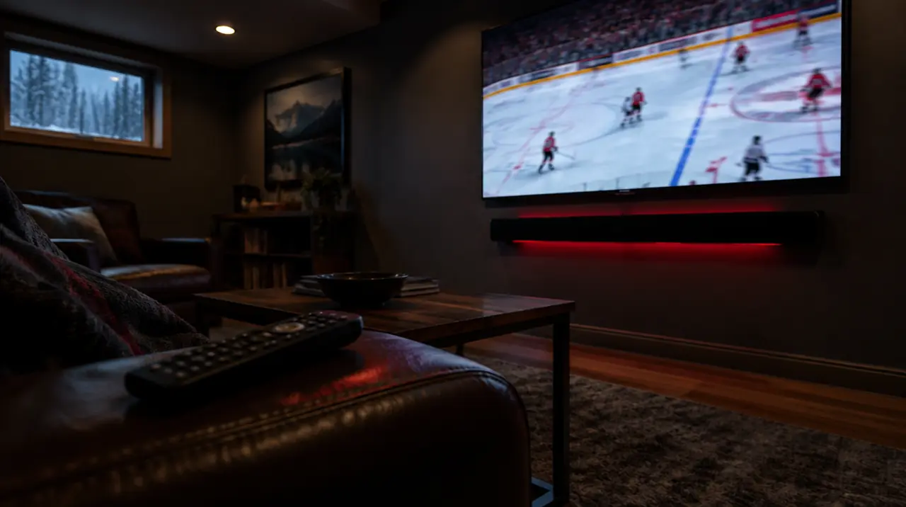 Soundbar under a wall-mounted TV in a basement den, a common source of IPTV audio delay