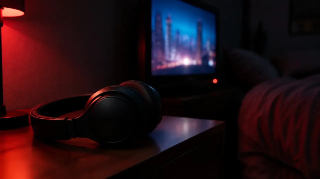 Wireless headphones on a bedside table in front of a TV at night