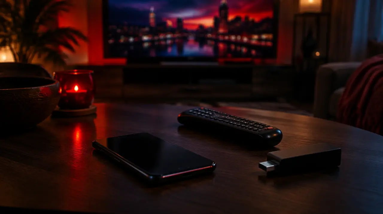 Smartphone and TV remote on a coffee table in front of a television