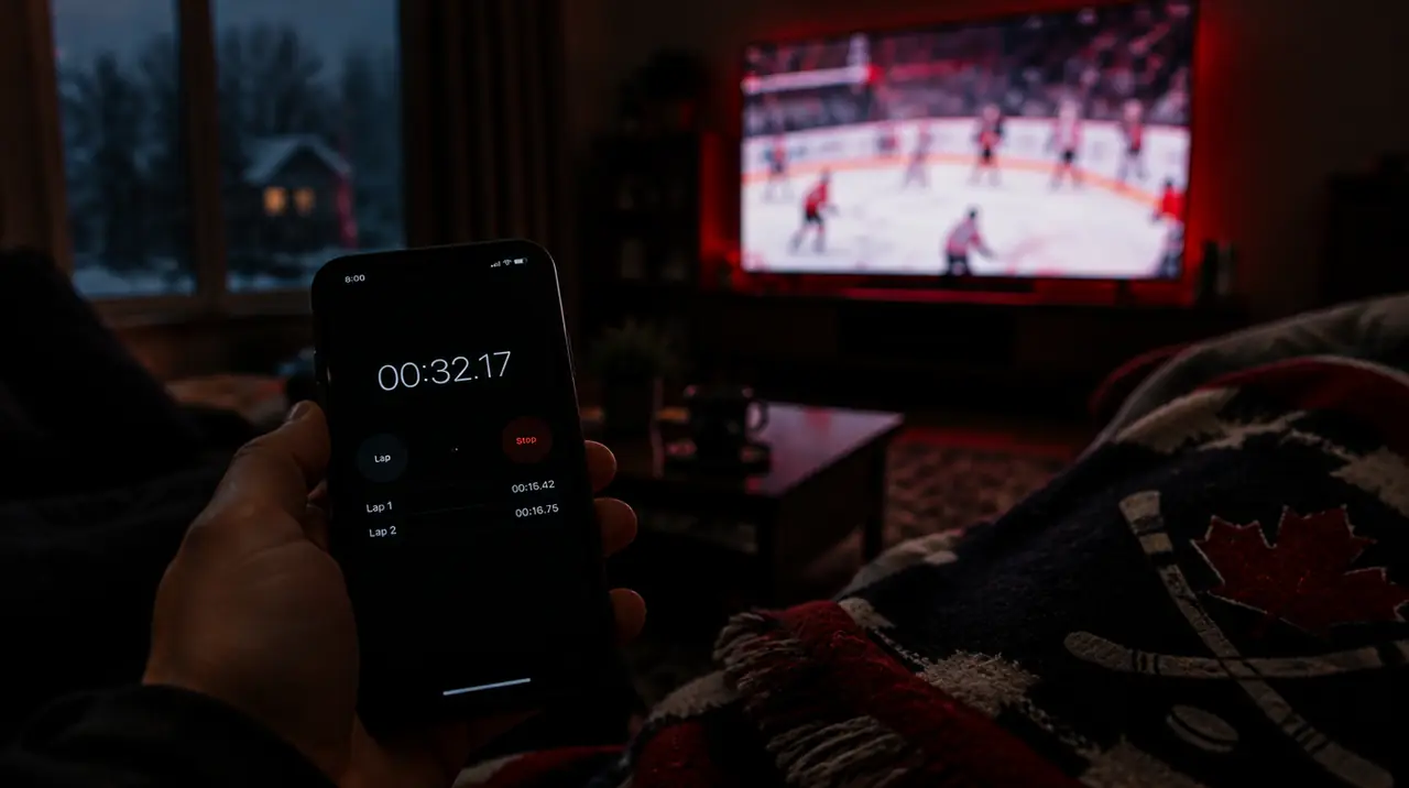 Phone stopwatch held up in front of a TV during an evening IPTV trial test