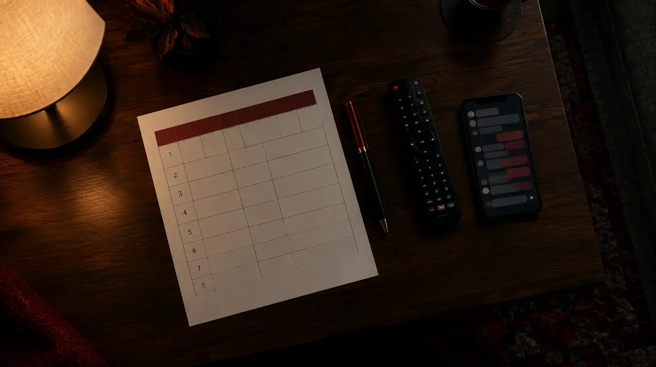 Scoring sheet, pen and remote on a coffee table used to mark an IPTV trial pass or fail