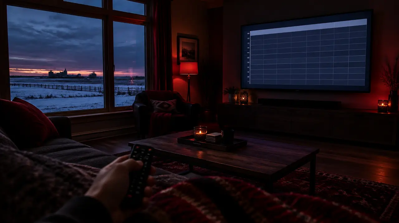 TV showing an empty IPTV program guide in a Canadian living room