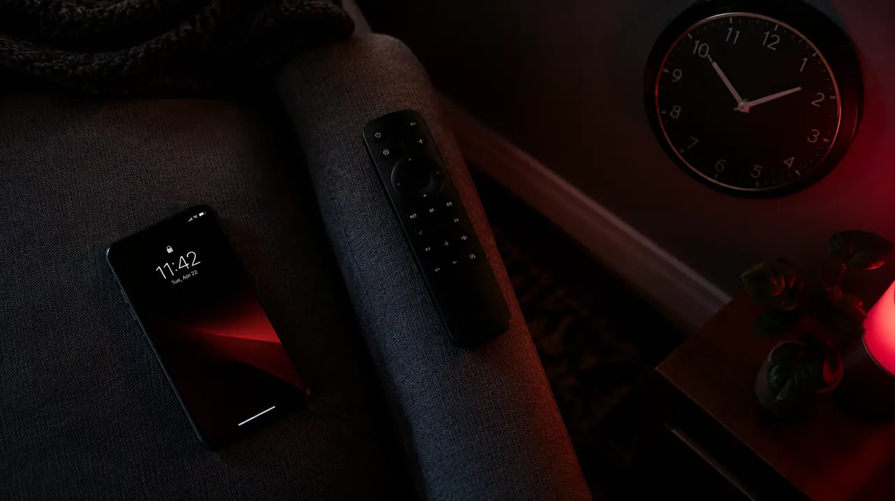 Wall clock and phone showing different times next to a TV remote to illustrate a time zone mismatch