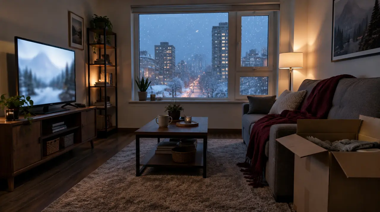 Newcomer's apartment living room with unpacked boxes and a TV on a winter evening