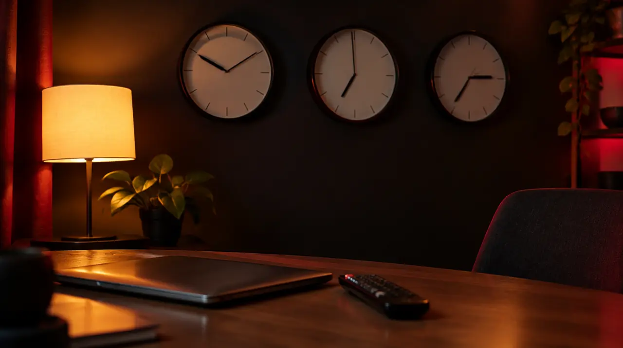Wall clocks showing different time zones above a desk with a TV remote