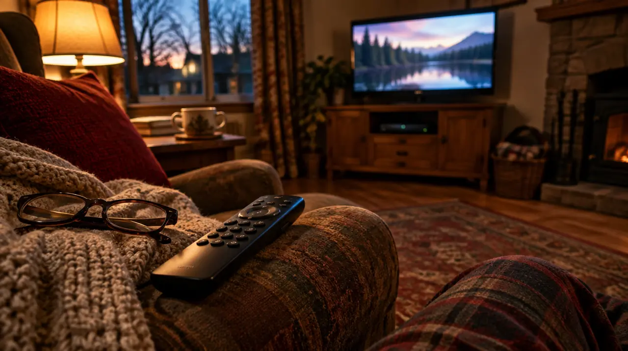 Large-button remote on an armchair in front of a television