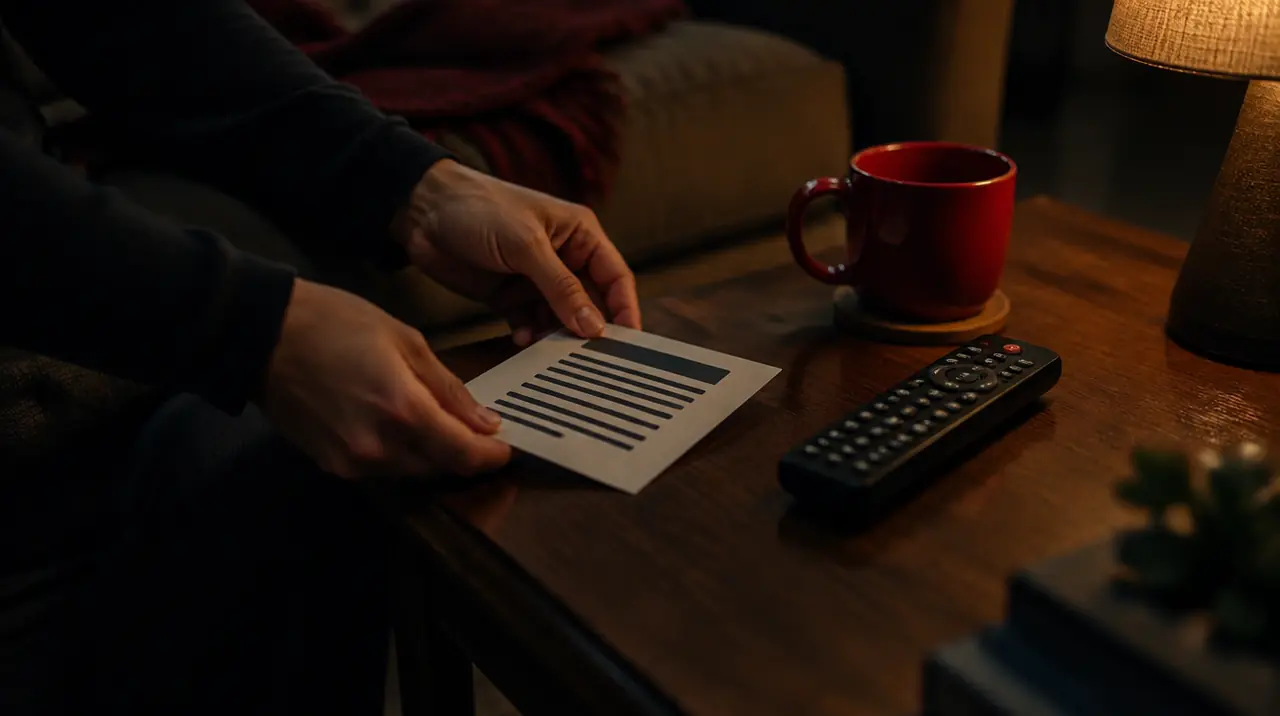 A large-print instruction card placed beside a TV remote