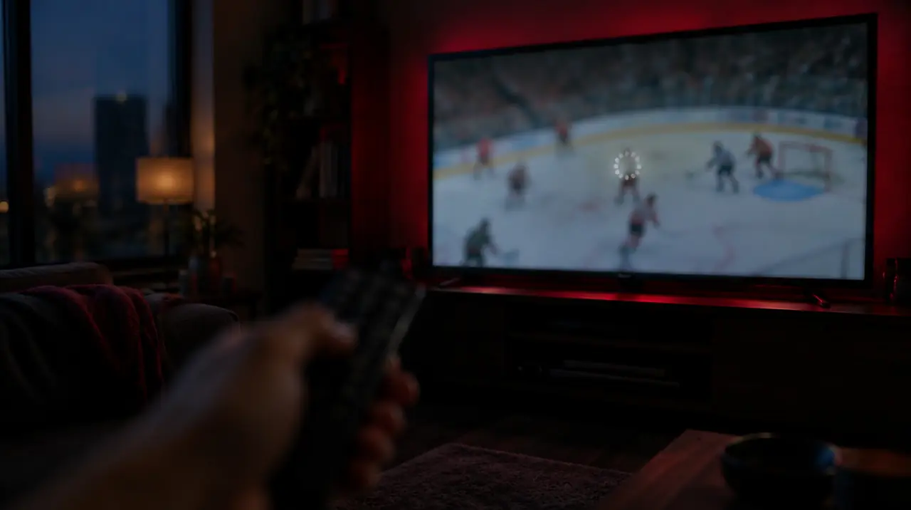 TV frozen on a live hockey game with a loading indicator during the third period
