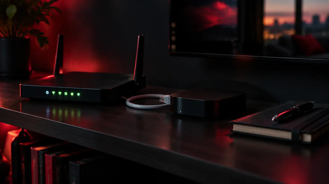 Router on a shelf with an Ethernet cable running to a streaming box