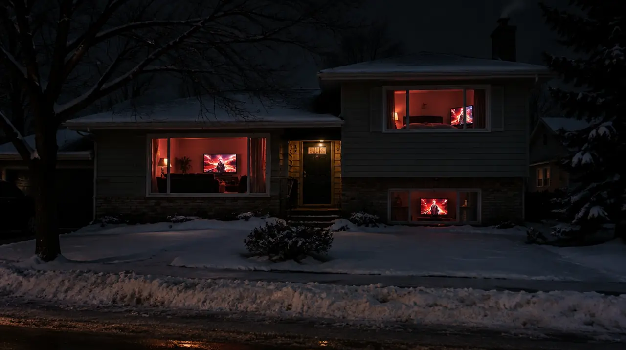Canadian family home at night with TVs glowing in three different rooms