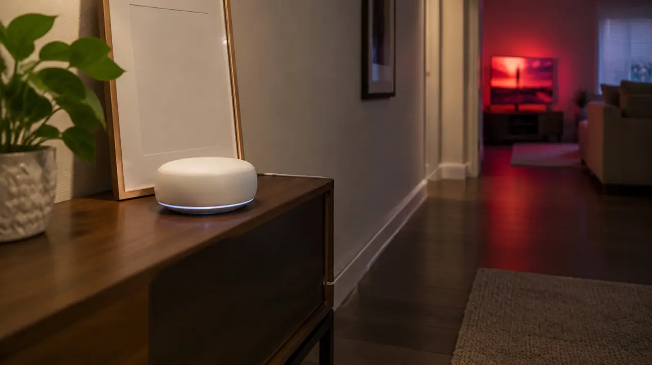 Mesh Wi-Fi node in a hallway with an Ethernet cable along the baseboard
