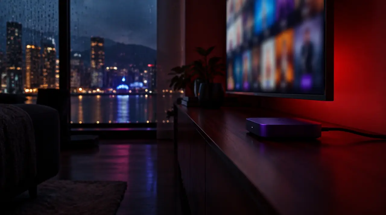 Streaming player on a shelf beside a television in an apartment