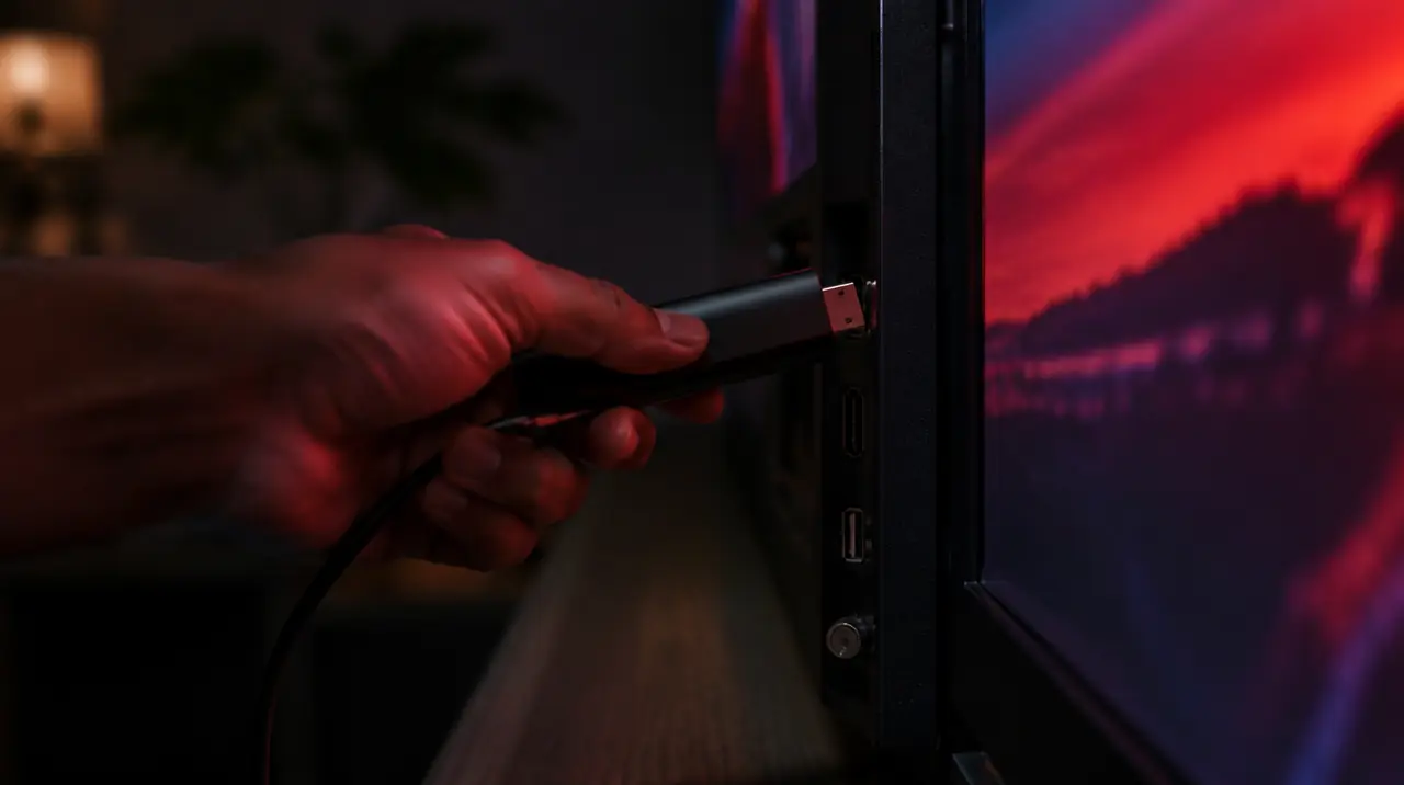 Plugging a streaming stick into a spare HDMI port on a TV