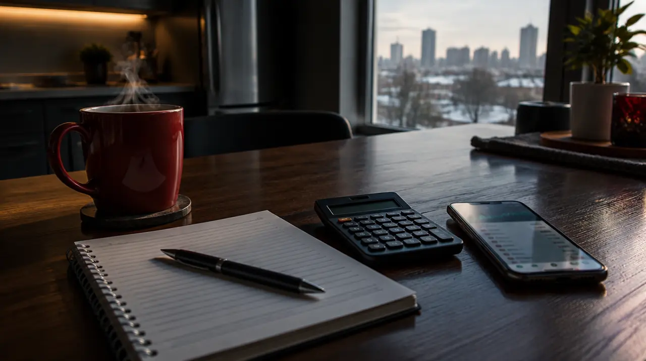 Notebook, pen, calculator and phone on a kitchen table while comparing IPTV plans