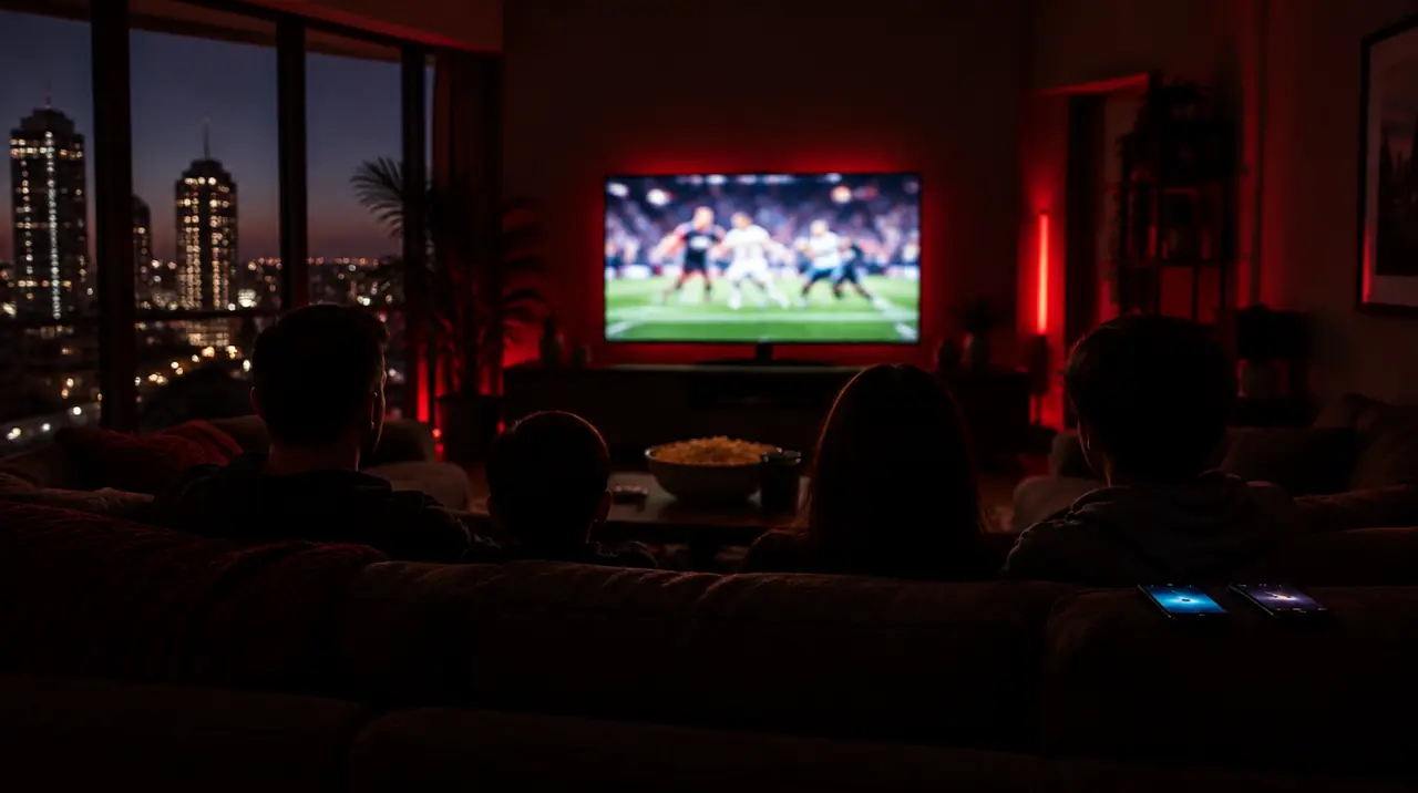 Family from behind on a sofa watching TV while phones glow, illustrating peak-hour testing
