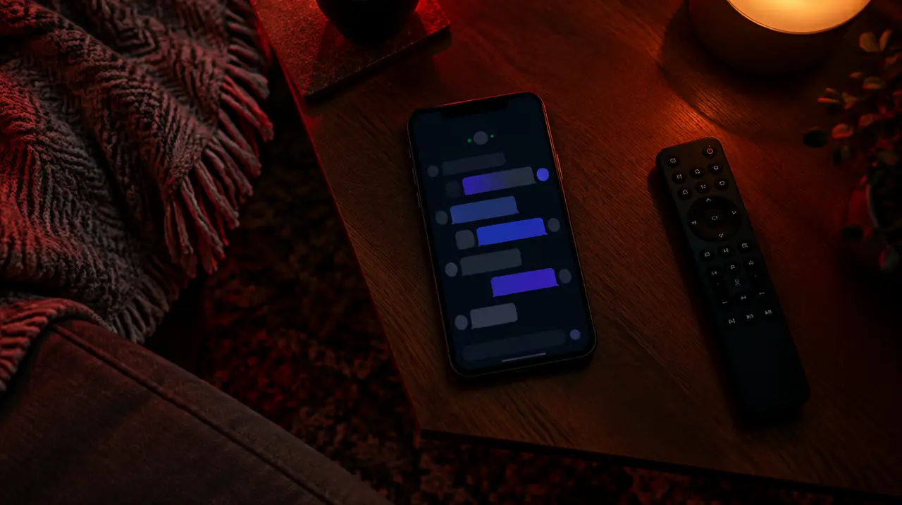 Smartphone chat window on a coffee table representing a pre-sales message to an IPTV provider