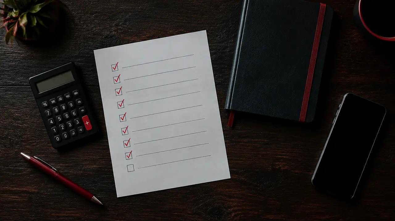 Desk flat lay with a buyer's checklist, red pen and calculator