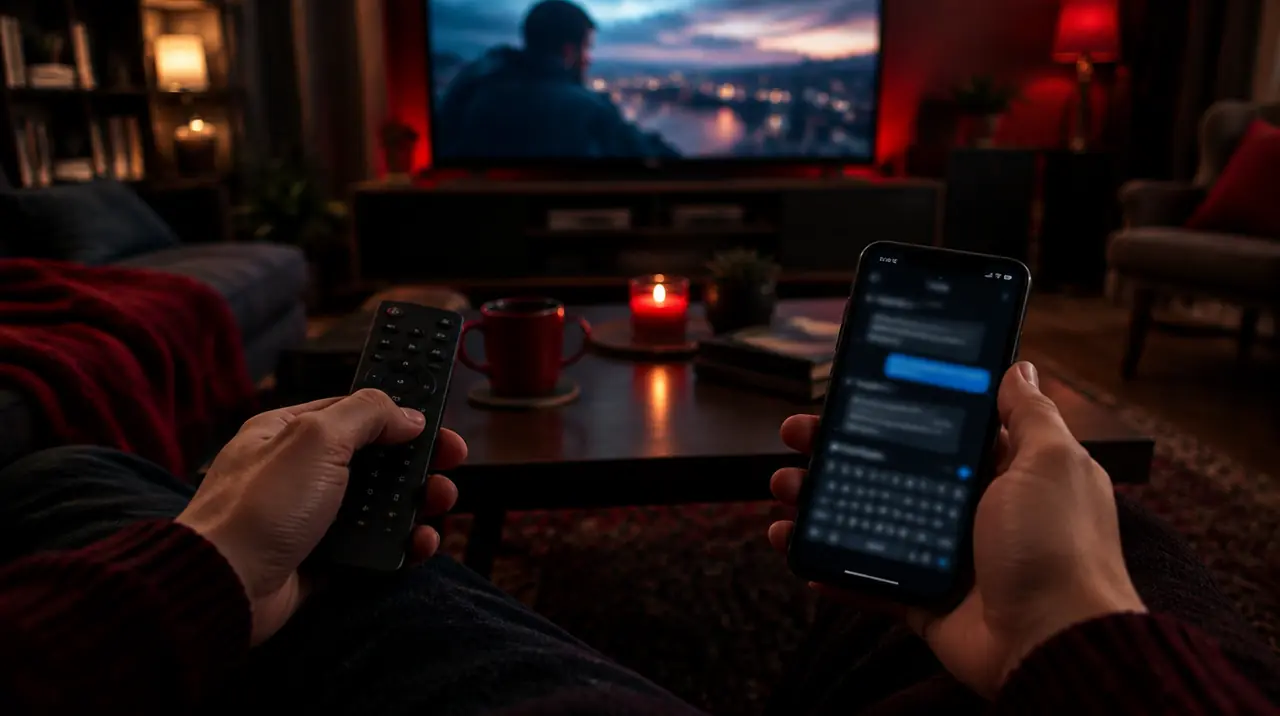 Hands holding a TV remote and a phone with a chat conversation in a living room