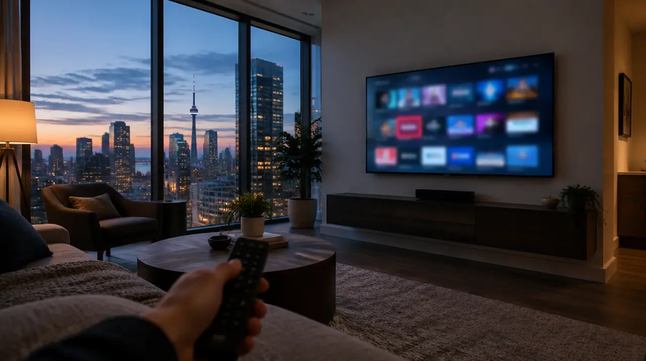 Smart TV app store tiles on a wall-mounted TV in a condo living room