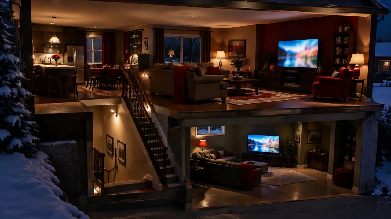 Living-room TV and basement TV in the same Canadian home, both streaming
