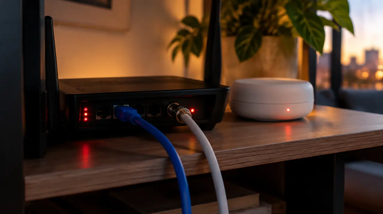 Router with Ethernet cable, coax adapter and mesh node for a second TV