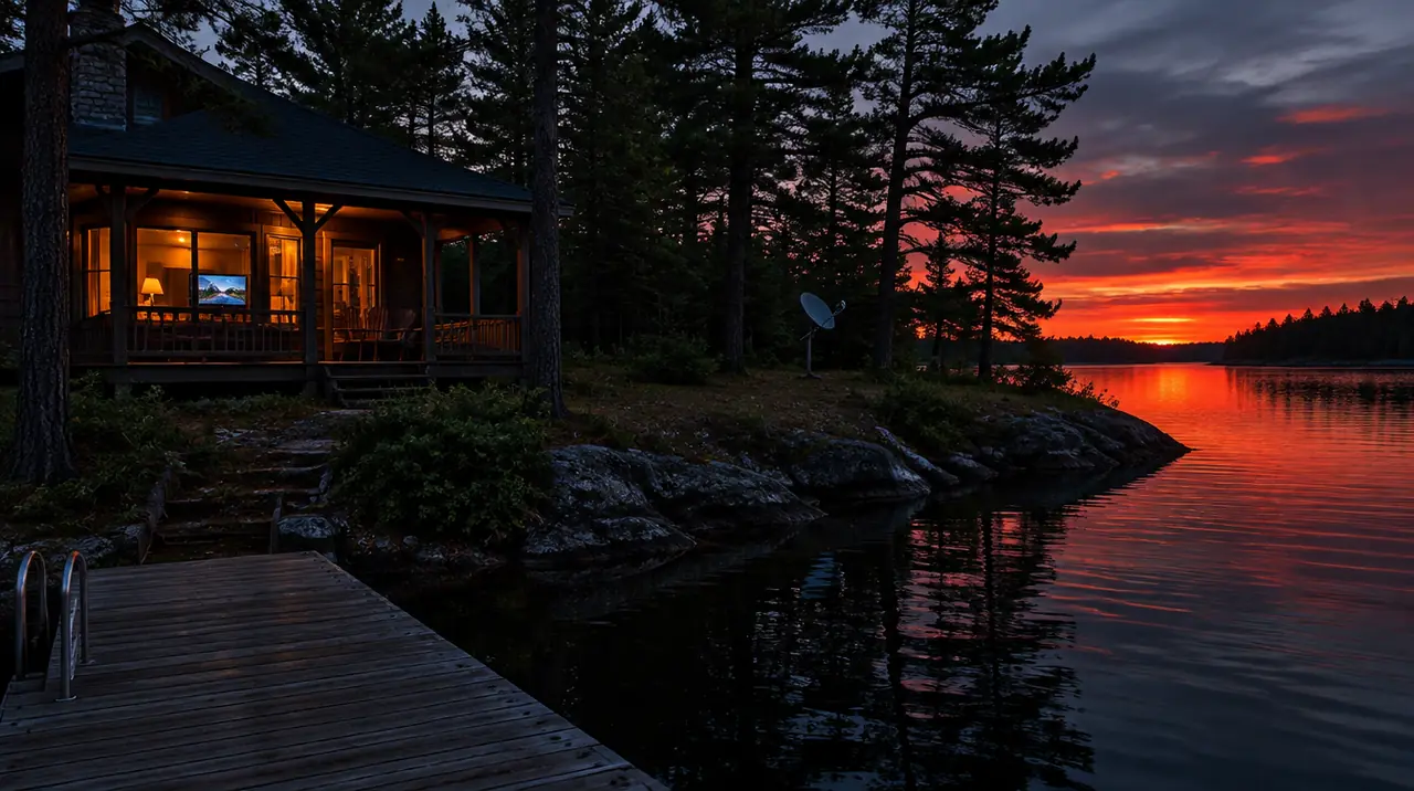 Lakeside cottage at dusk with a TV glowing inside and a satellite dish among pine trees