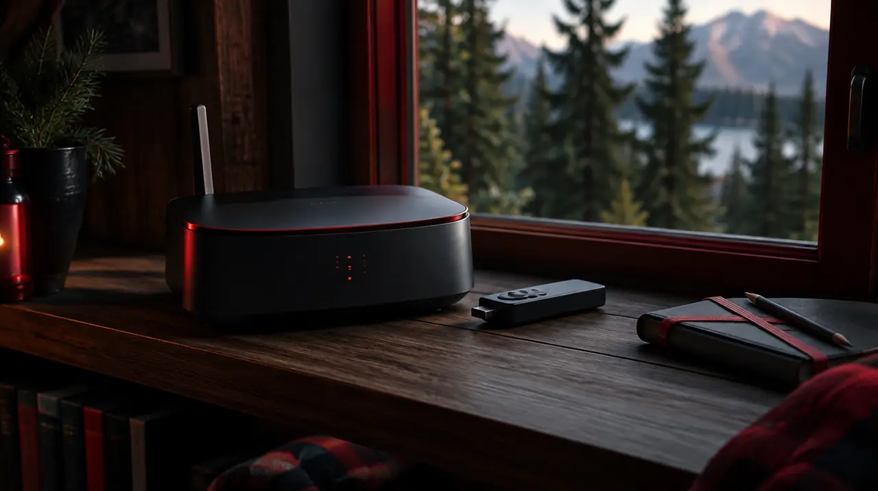 Cellular home internet router on a cottage window shelf with a streaming stick and notebook