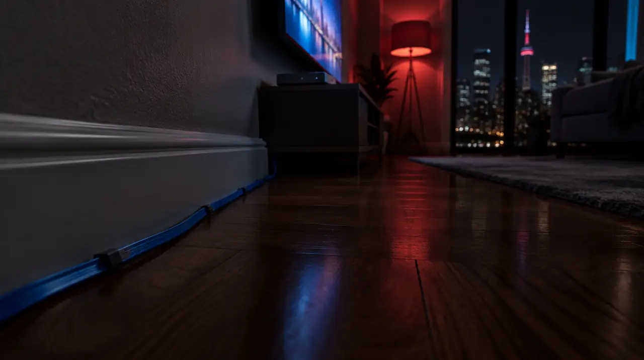 Ethernet cable running along a baseboard to a streaming box in a dim living room