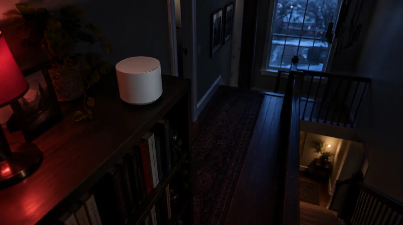 Mesh Wi-Fi node placed on a shelf midway between router and living room