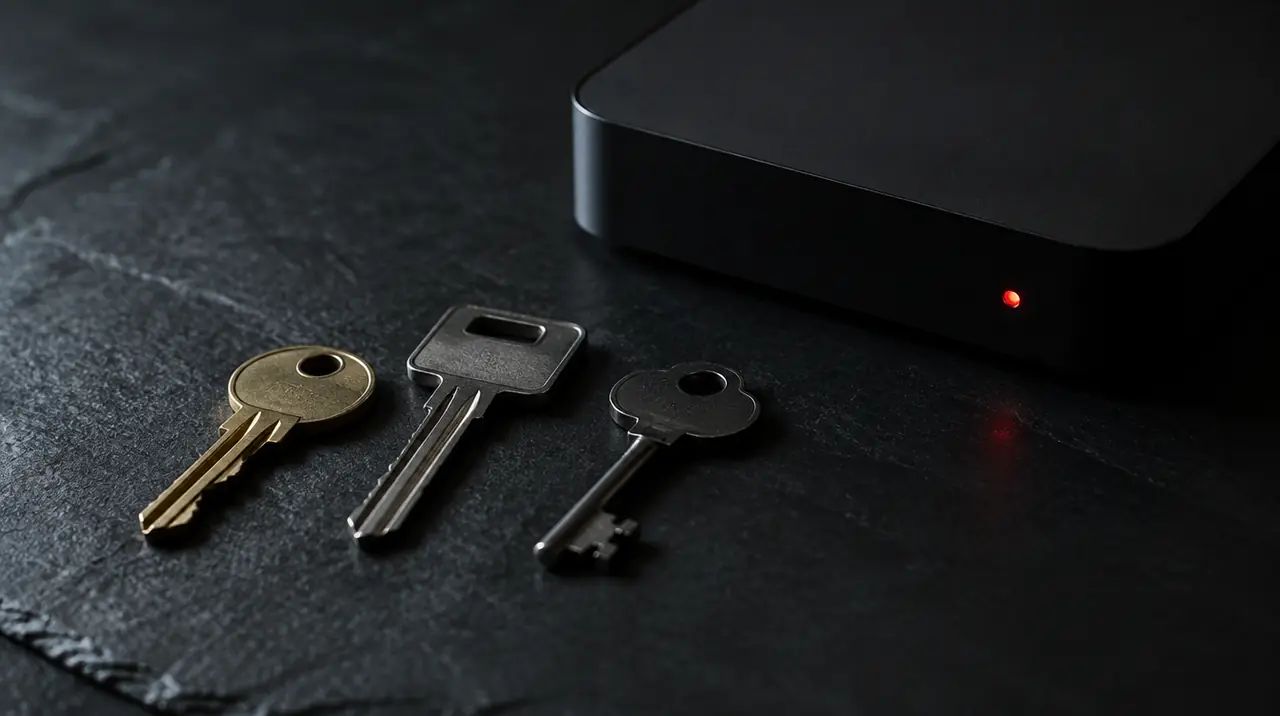 Three keys beside a set-top box representing the three IPTV login formats
