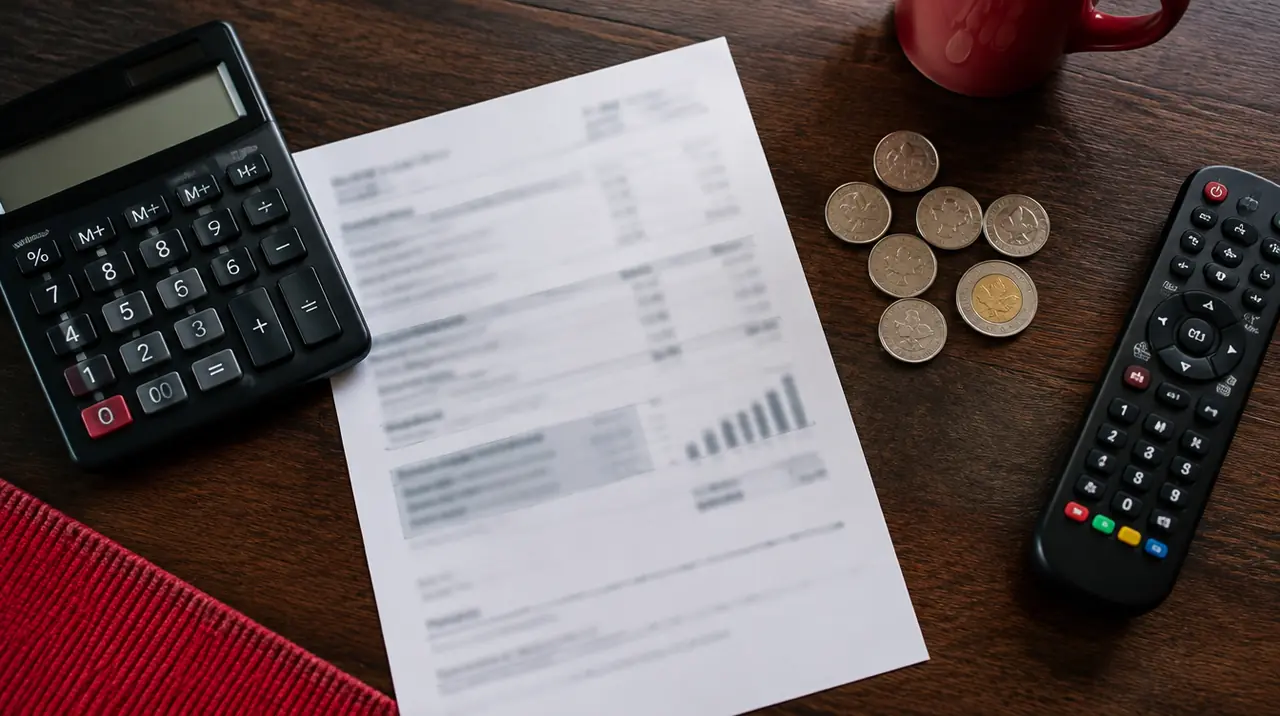 Calculator, a printed bill, Canadian coins and a TV remote on a wooden table