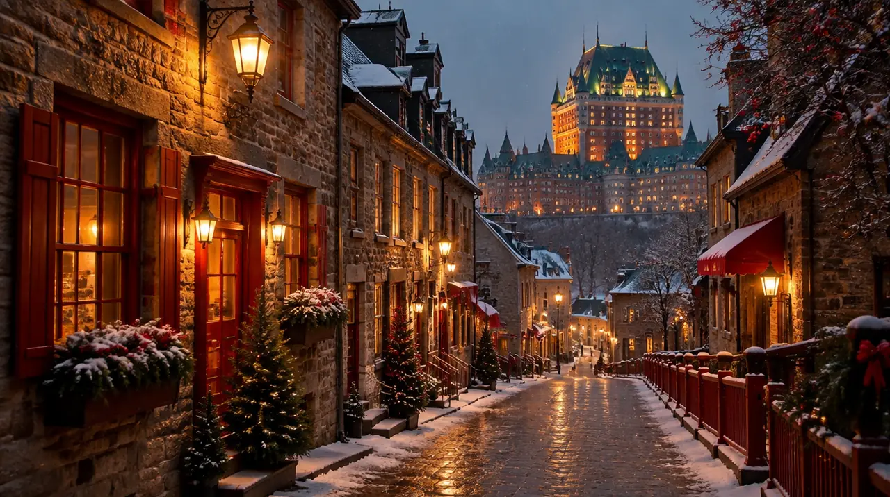 Rue enneigée du Vieux-Québec le soir, avec le Château Frontenac en arrière-plan