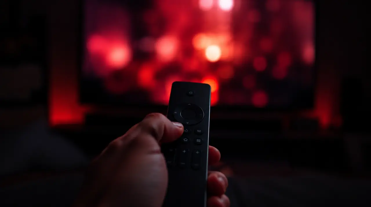 Hand holding a streaming remote pointed at a TV with a red glow